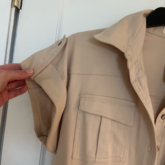 Beige romper with tie front at the waist. Stretchy soft but thick material. - Picture 2 of 3